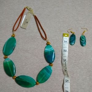 NWT Barse Green Waves Agate Necklace, Earrings Set